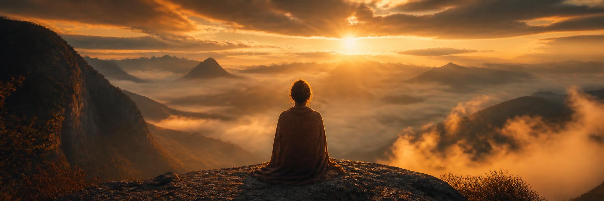 Person wrapped in a shawl sitting peacefully on a cliff edge at sunrise, gazing over a misty mountain valley