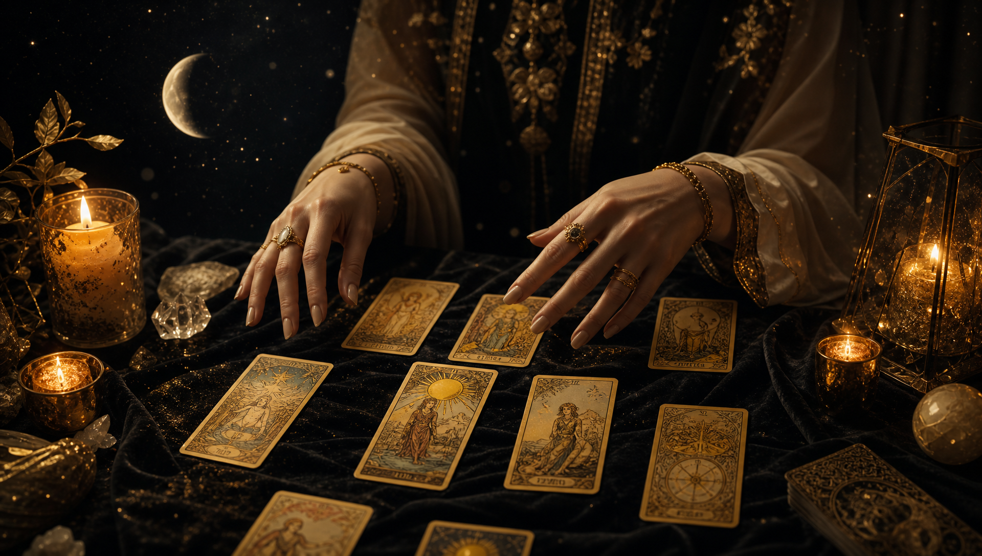 Elegant hands hovering over golden tarot cards by candlelight with a crescent moon and stars