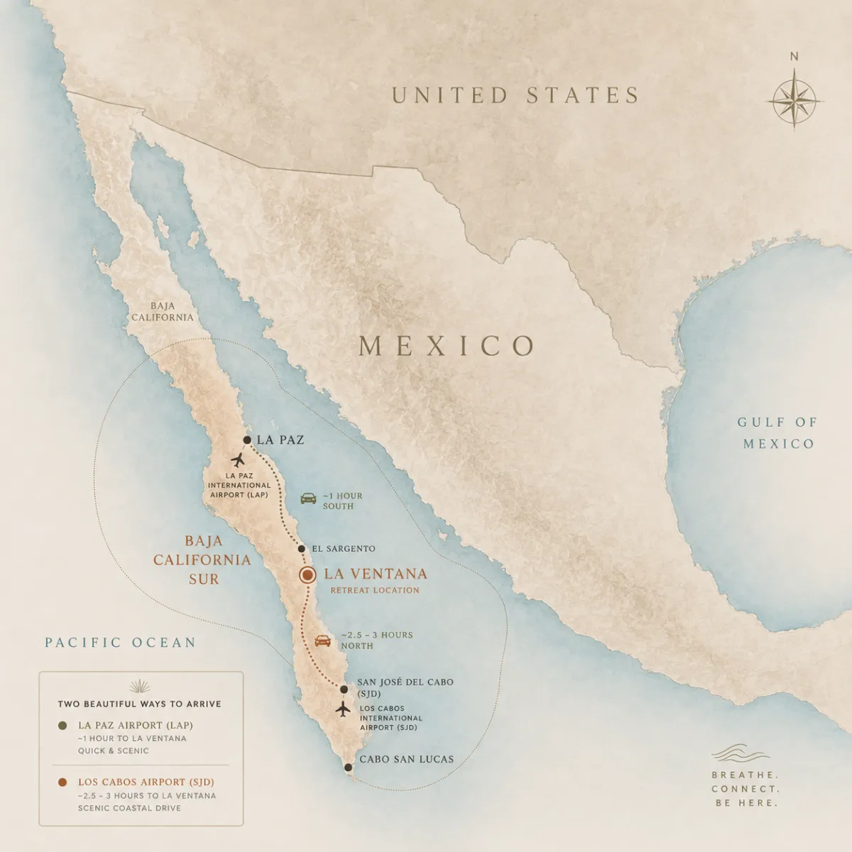 Map — routes to La Ventana from La Paz and Los Cabos