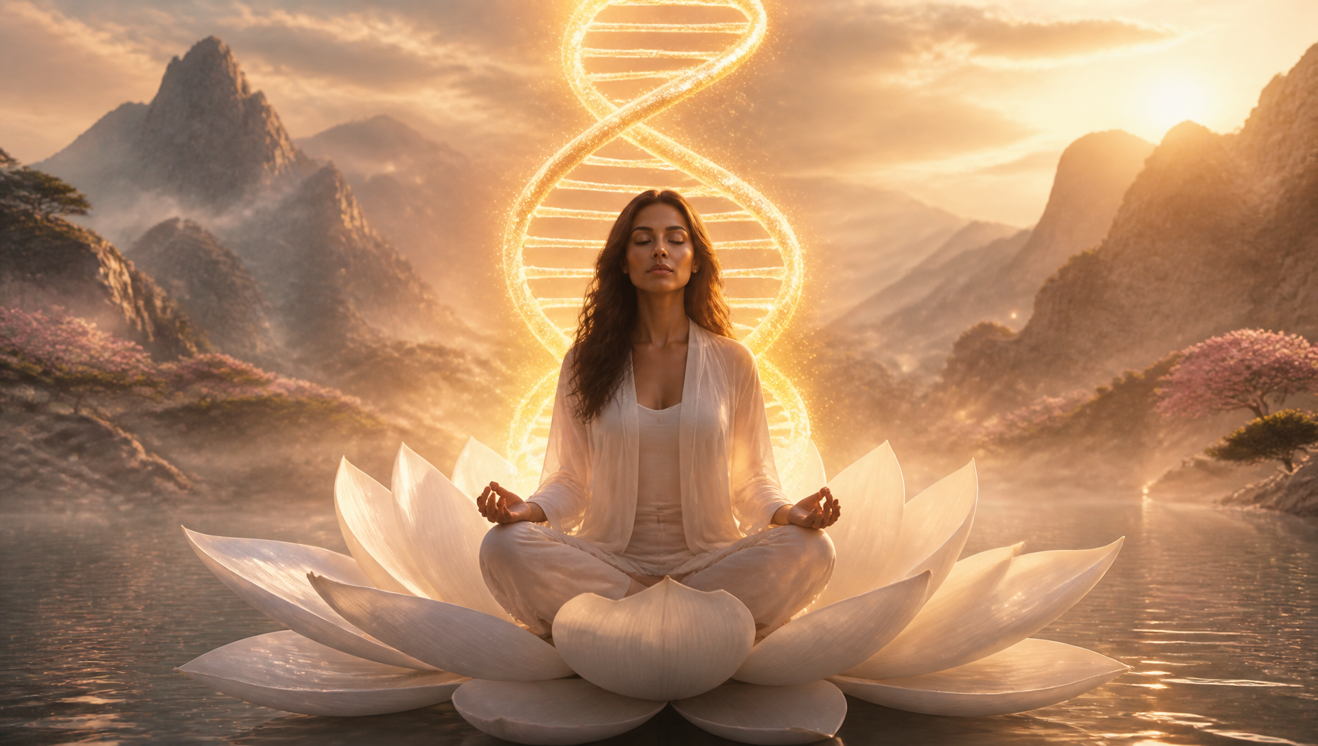 Woman in lotus position on a floating lotus with a golden double helix of light, misty mountains at sunrise